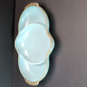 Vintage Fire king Delphite Blue Milk Glass Divided Tray with Gold Trim.